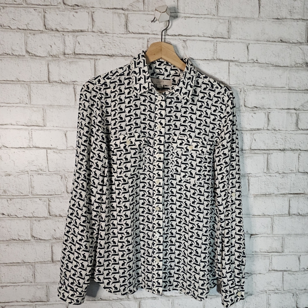 Loft Rabbit Print Button-Up Blouse, S - image 1